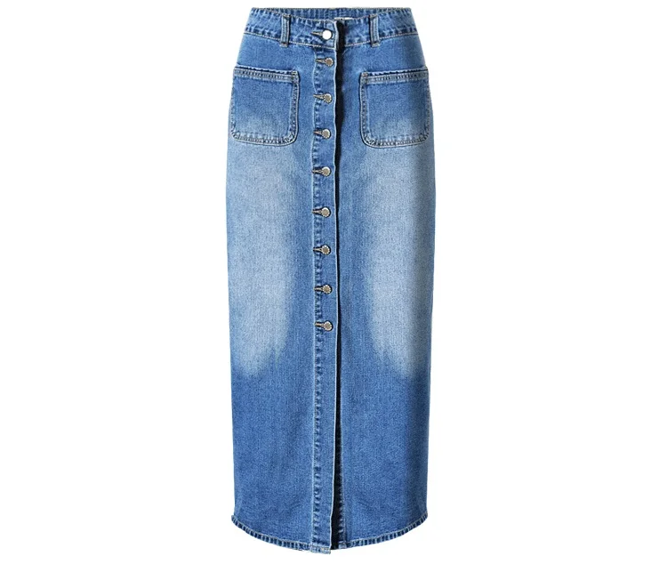 

2019 Autumn Trendy ins hottest ladies long denim skirt buttons open women straight cotton dip dye wash blue skirt with pockets