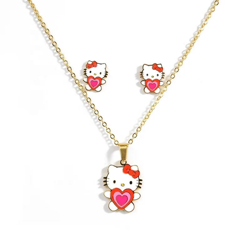 

SC Cute Hello Kitty Cat Earrings Necklace Set Kids Earrings Necklace Set Stainless Steel Gold Plated Kids Jewelry for Girls, Red