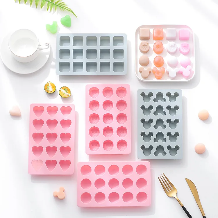 

ECOchoose 15 Cavities DIY Cartoon Heart Round Strawberry Square Block Pudding Jelly Frozen Tray Mould Silicone Ice Cube Mold, Pink, nordic blue