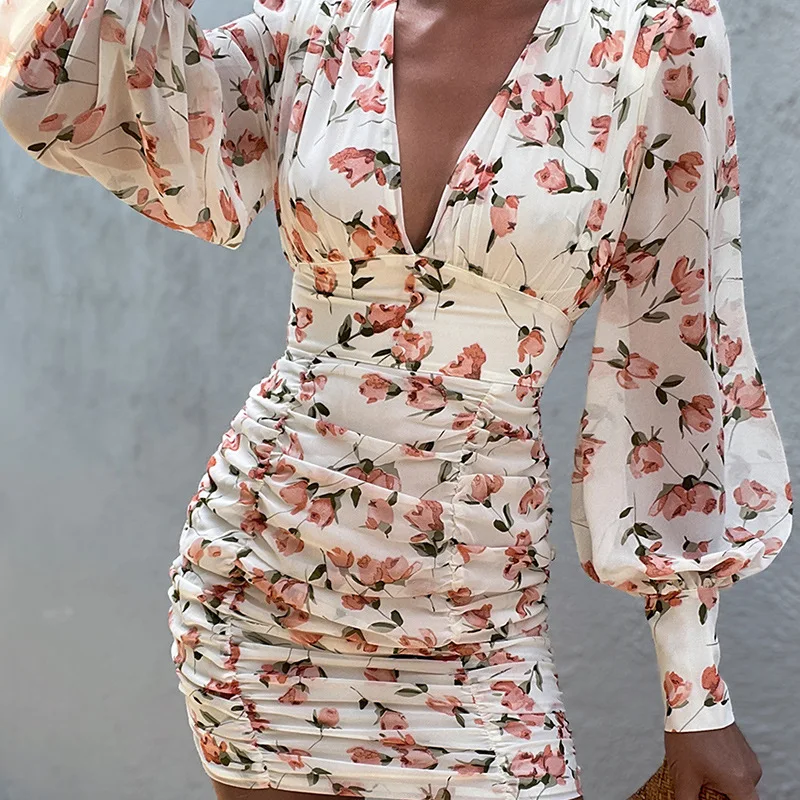 

FS4801D new arrivals casual Fall Women elegant floral prints pleated dress