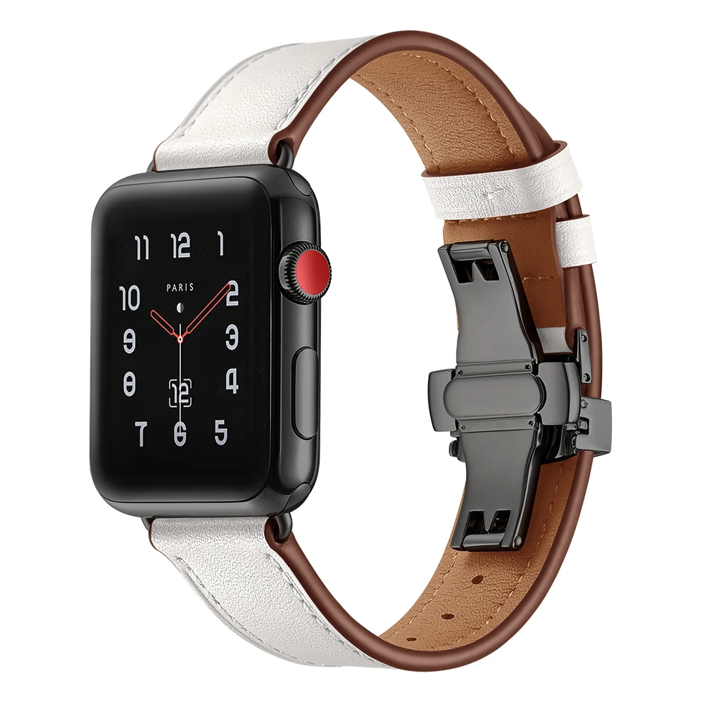 

Stainless Steel Butterfly Buckle Genuine Leather Sport Watch Strap 38mm 40mm 42mm 44mm for iwatch 5 4 3 2 1 Band, Black/white/brown/dark brown/pink/apricot