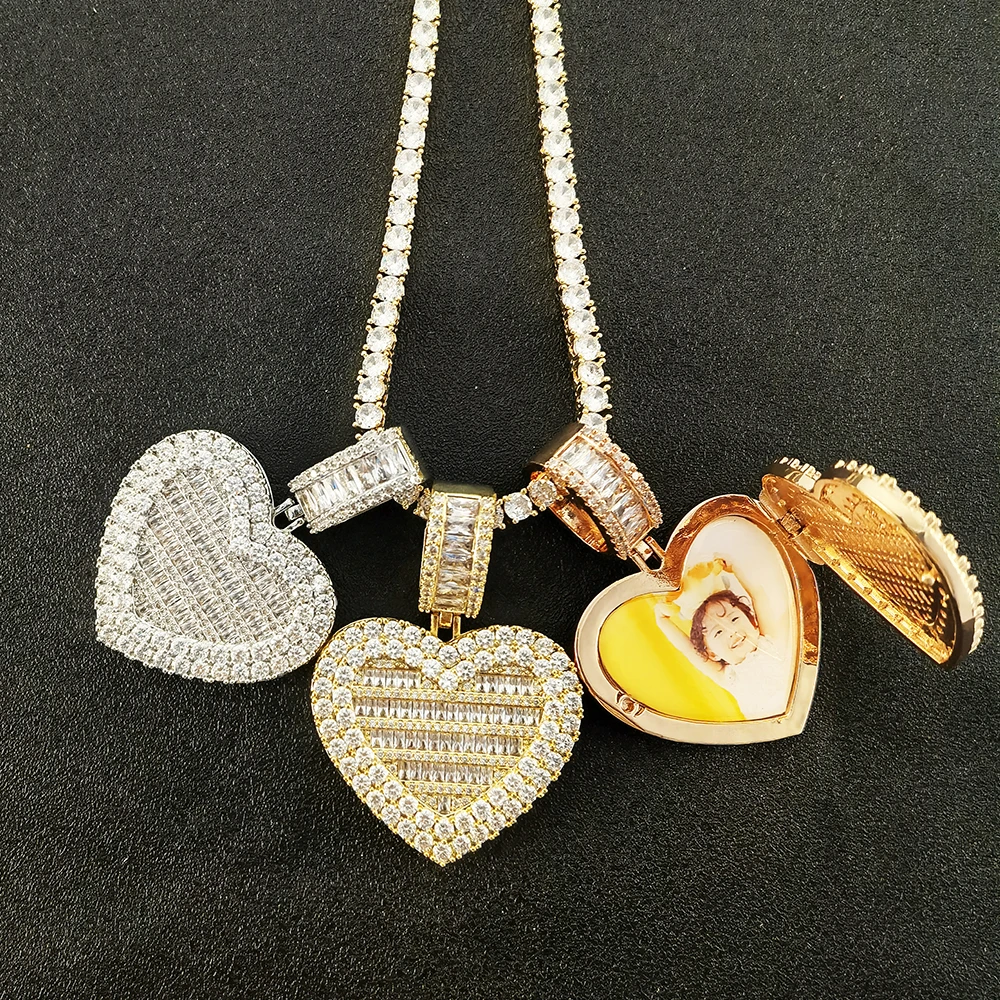 

Custom Iced Out CZ Heart Photo Lockets Necklace Empty Memory Photo Frame Hip Hop Pendant for Men and Women, Silver,gold,rose