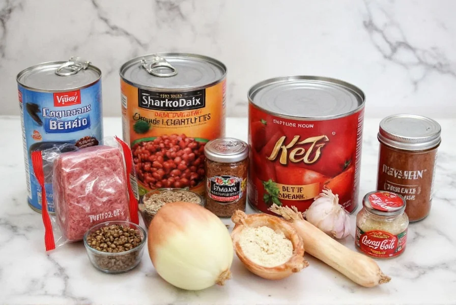 Simple chili recipe ingredients arranged neatly on kitchen counter with ground beef, canned tomatoes, beans, onion, garlic, and spices