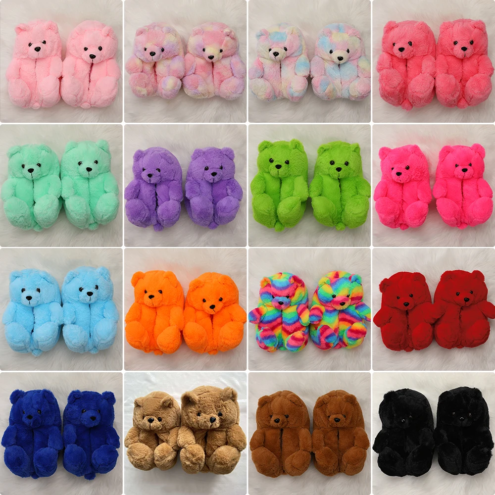 

Soft Large Custom Fluffy Womens Animal Sandals Fashion Fur Slide Slippers Kids Plush Teddy Bear Slippers, Customized colors