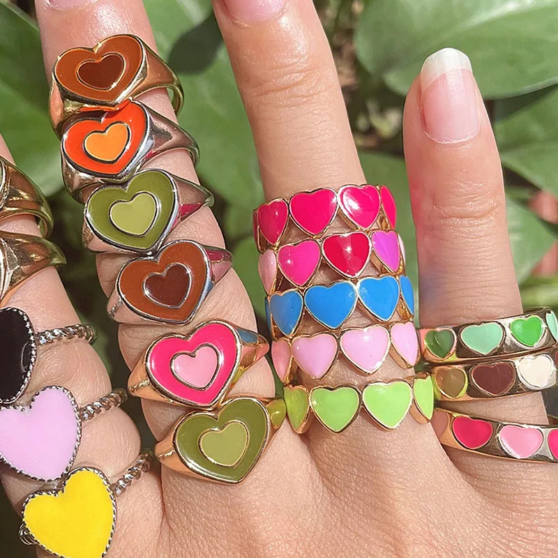 

2021 New Heart Love Colorful Enamel Oil Dripping Metal Ring for Girls Women Jewelry Sweet Romantic Dating Party Jewelry, 5 colors