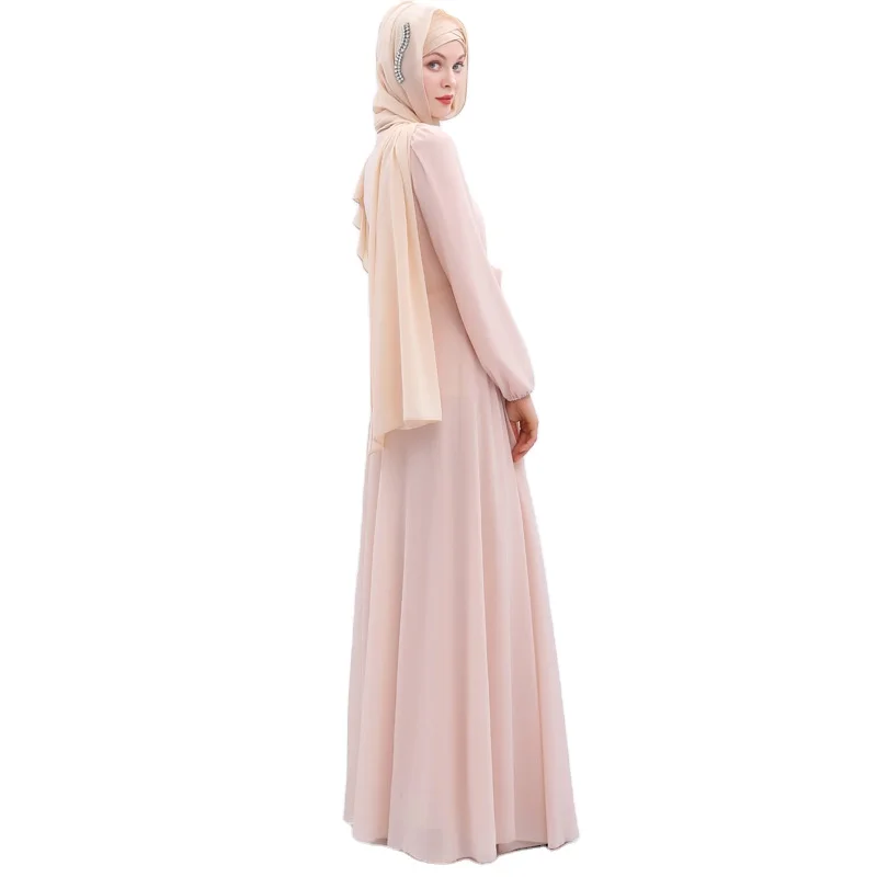 

HJ AMD09 Simple Solid Wrinkle Ribbon Tied Elastic Cuff Solid Color 2021 Islamic Clothing Abaya Muslim Dress For Women, Khaiki,burgundy,dark blue,yellow,light gray,green,light pink,baby pink