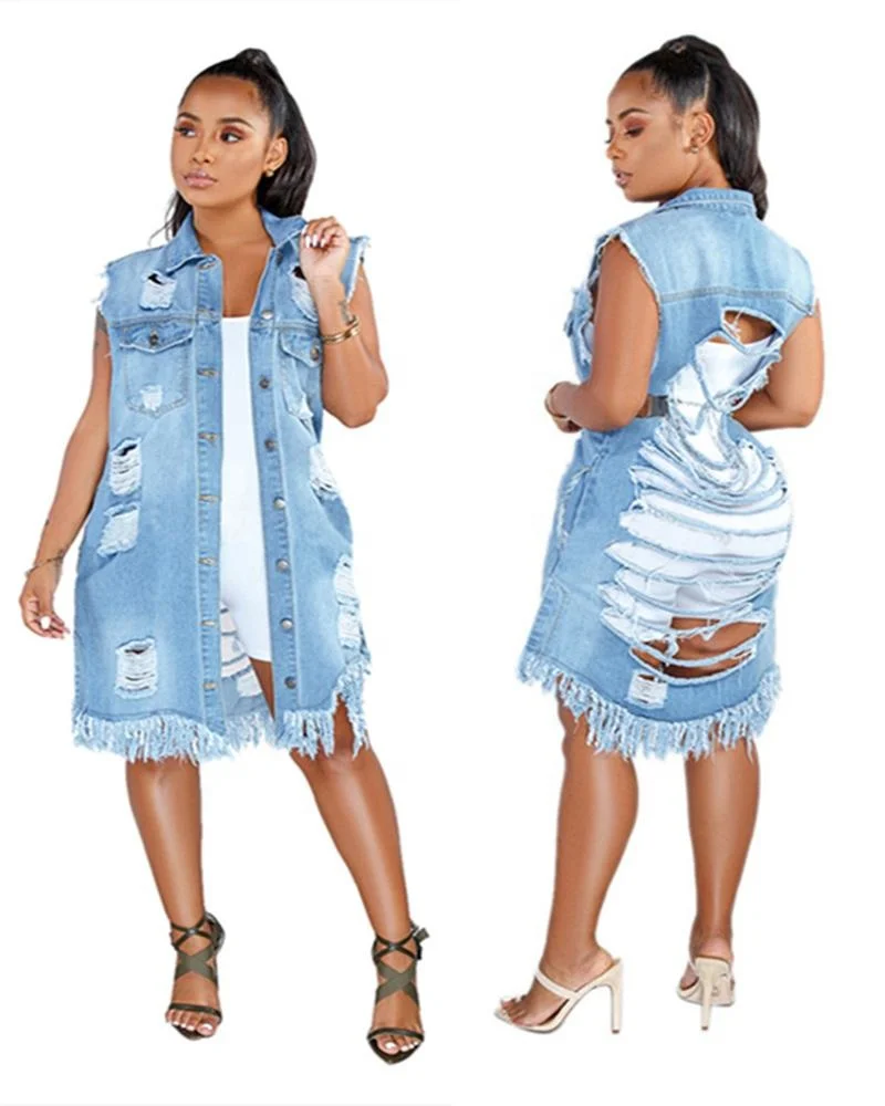 

MOQ 1PC LE3103 women fashion model scratched jeans denim dress