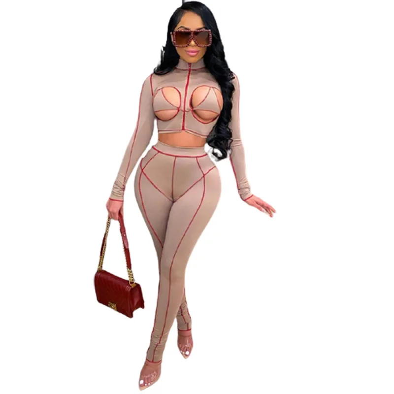 

2021 Spring Fall Clothing For Women Jumpsuits Two Piece Sexy Bodycon Bodysuits Long Sleeve 2 Piece Long Pants Outfits