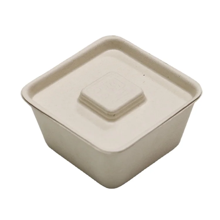 

Biodegradable Bagasse 240ml Square Dessert Takeaway Bowl with Lid, White or light brown