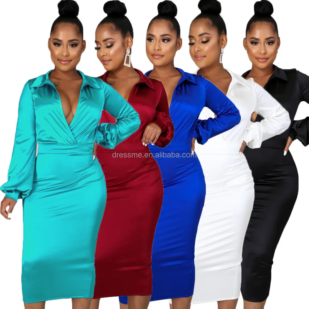 

MT183-8401 2021 satin dress sexy bodycon wholesale solid color deep v -neck ladies office fashion dress suits clothing