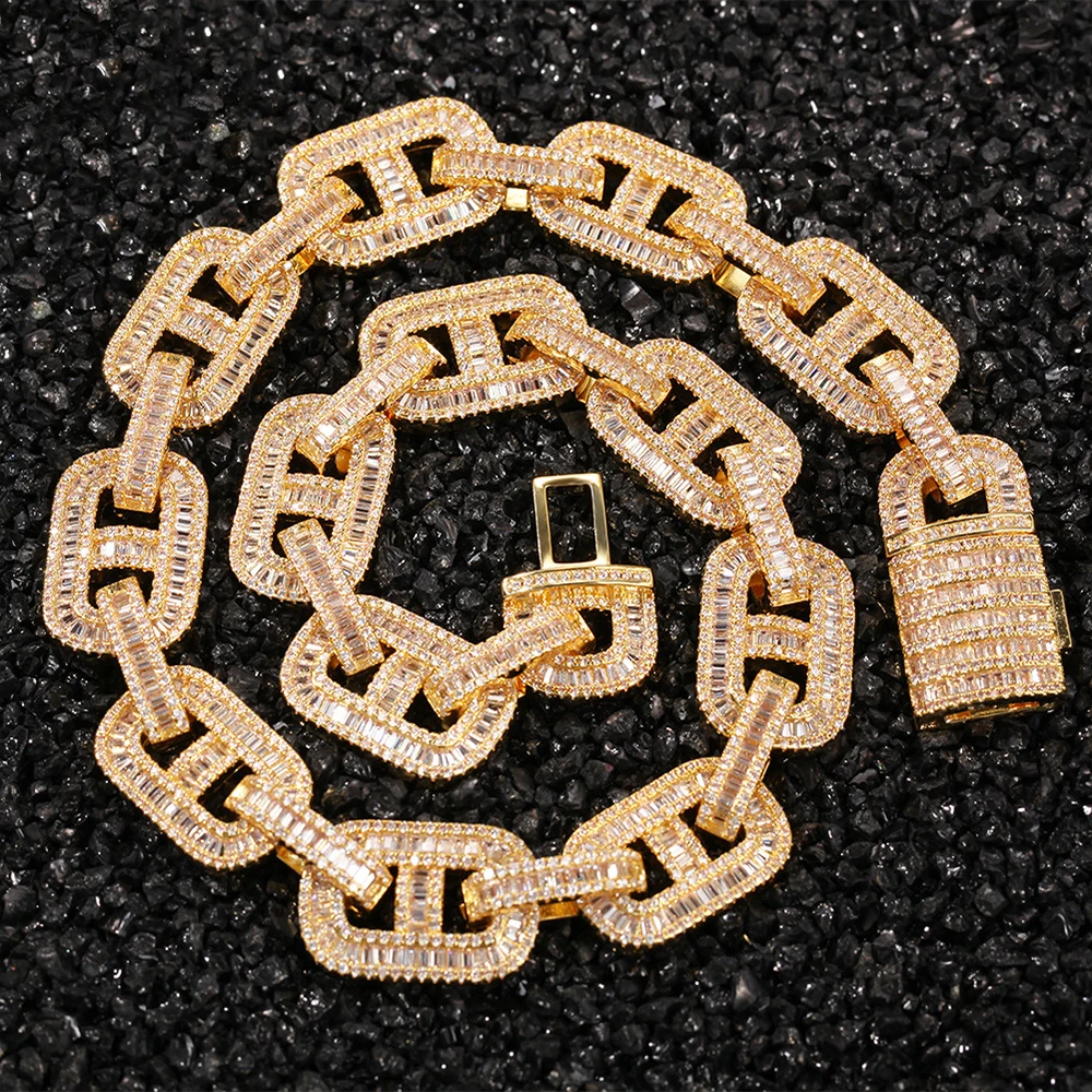 

Hip Hop Rap Rap Men's Accessories Clavicle Chain 15mm Copper Micro-inlaid Zircon Pig Nose Cuban Chain Necklace, Silver, gold