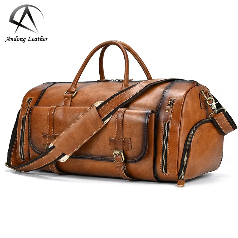 

European Genuine Leather Men Handbags Fashion Rubbed Color Top Layer Leather Travel Bag Duffel Bags Large Capacity Gym Bag