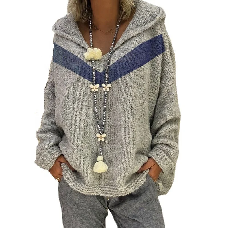 

2021 Fashion Hooded Knit Sweater Top Blue V-Neck Plus Size Women's Clothing