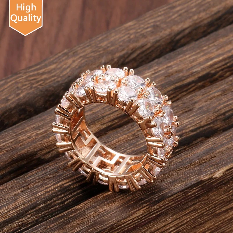 

New Arrival Hip Hops Real Gold Plated Round Rhinestone Crystal Ring Luxury Double Row Cubic Zirconia Ring For Men