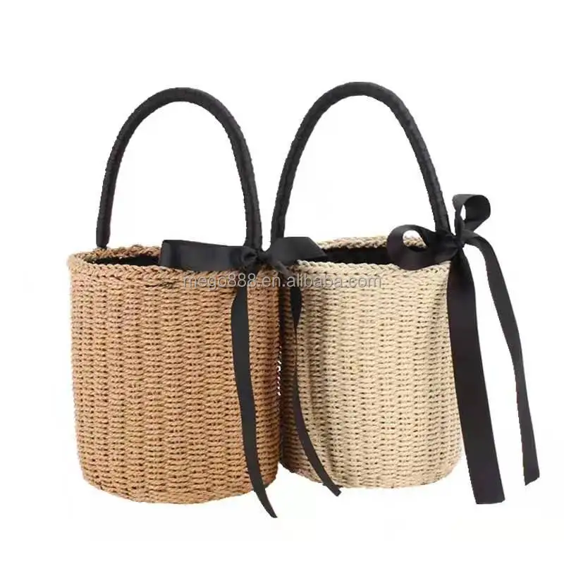 

OEM custom ladies portable mini bucket handbag fashion straw beach bag with bow, Customizable