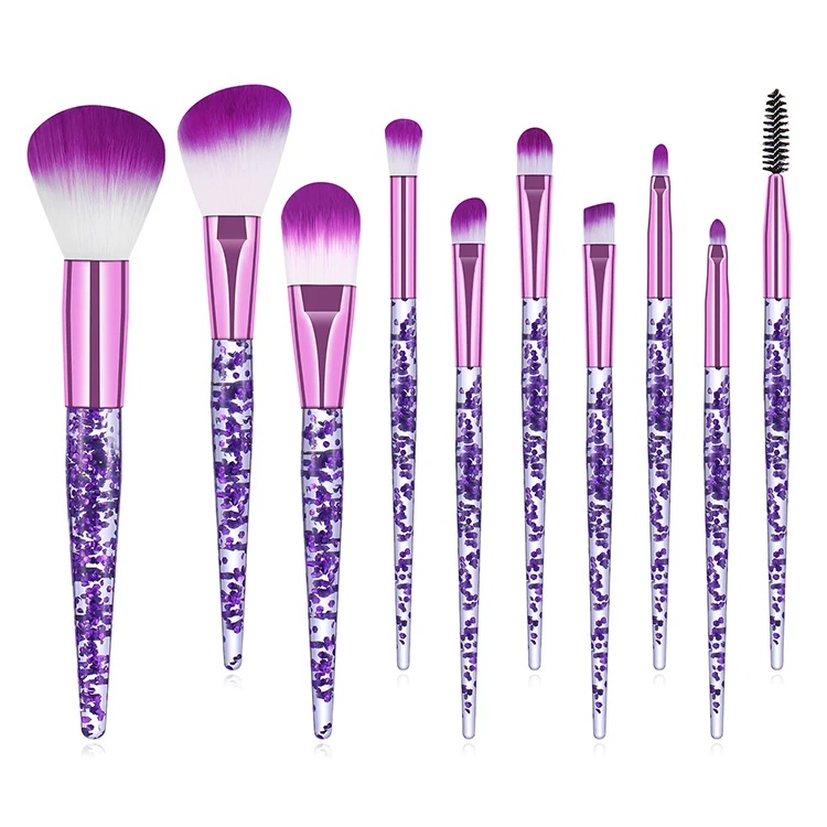 

New 10Pcs Makeup Brush Set With Clear Sequin Handle Eye Brush Beauty