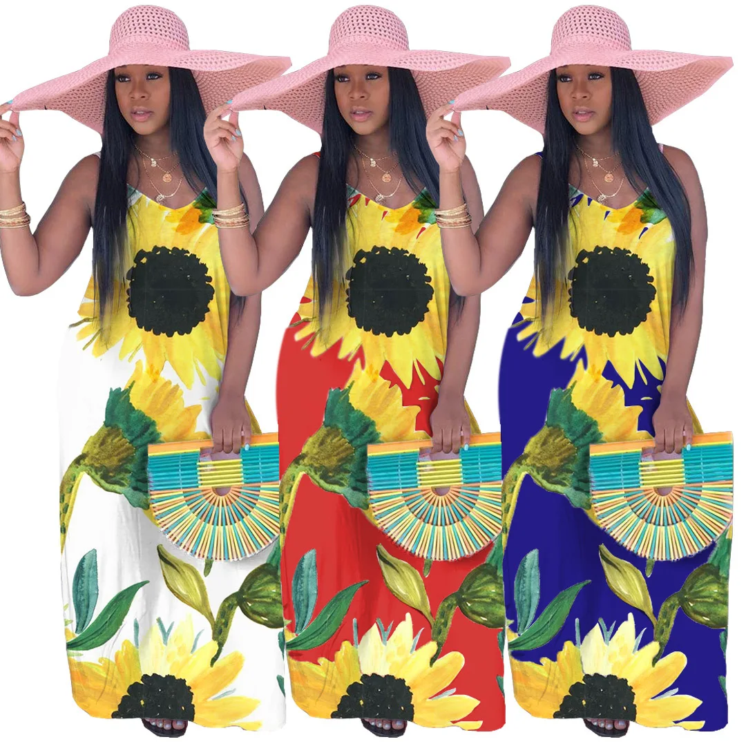 

Summer ladies hot sale bohemian style sunflower flower print sleeveless loose long plus size dress, Shown
