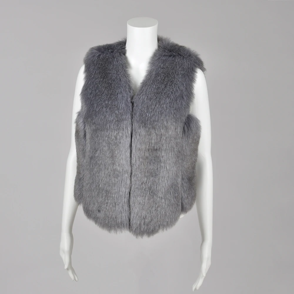 
Fashion Winter Warm Solid Color Fur Vest Women Elegant Grey Rabbit Faux Fur Gilet 