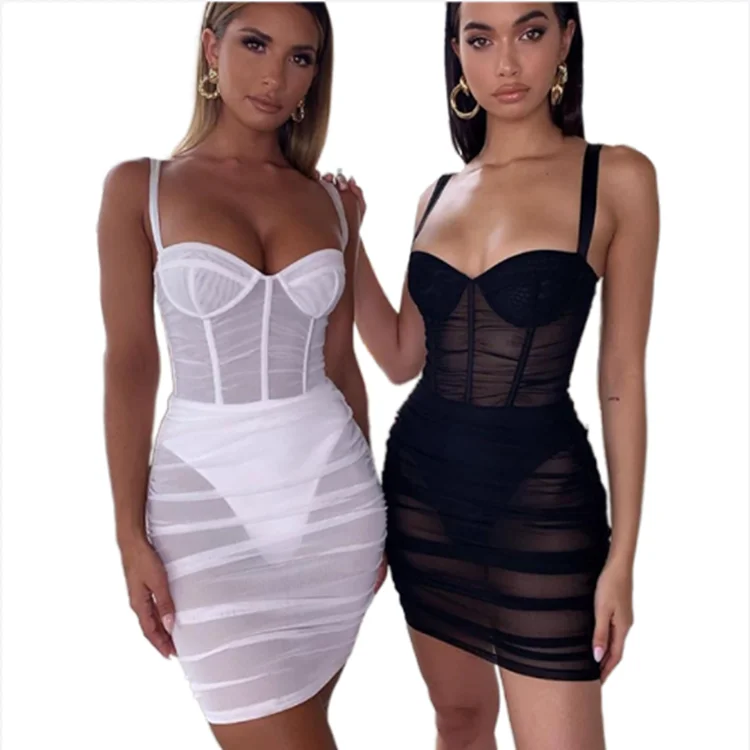 

Summer Mesh Transparent Clubwear Bandage Corset Dresses Mini Sleeveless Women Mesh Dress