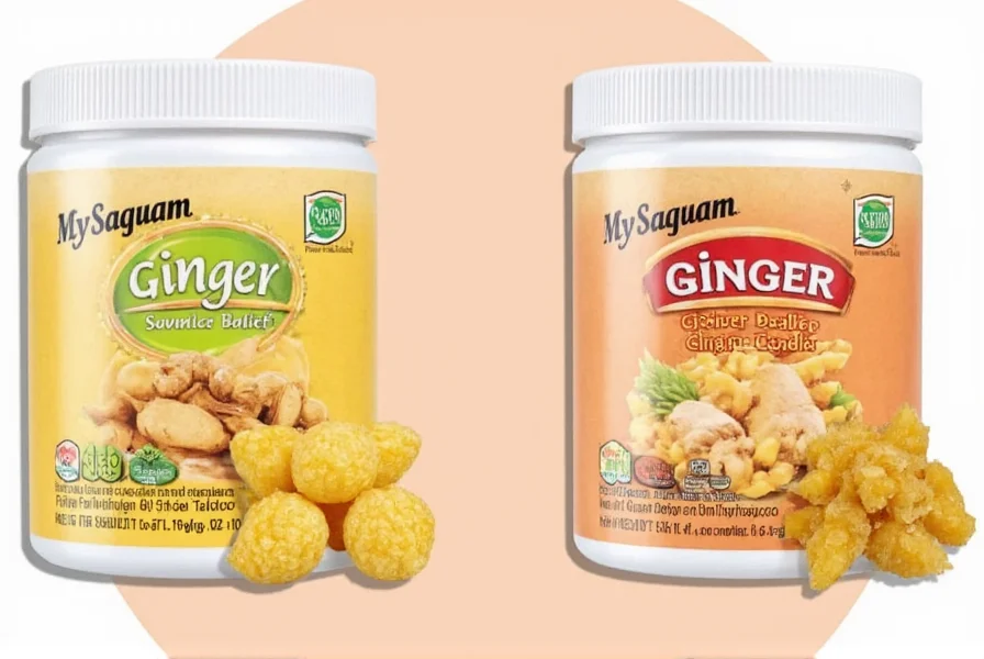 Close-up of natural ginger candies showing crystallized ginger pieces with sugar coating on wooden background