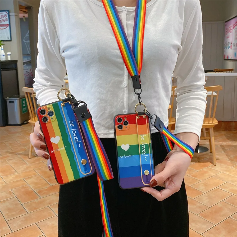 

hotselling rainbow phone case with strap with string case with luxury design for iphone