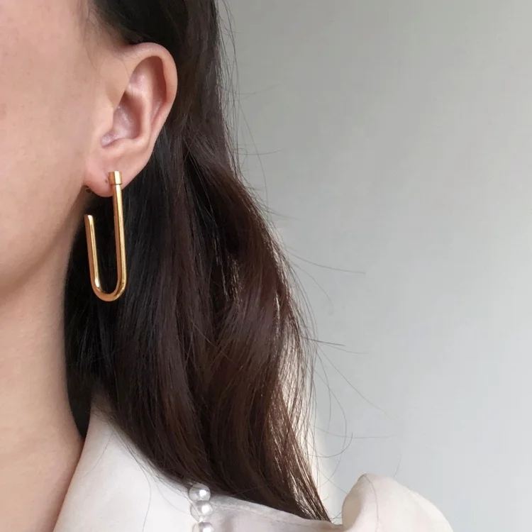 

Gold Safety Pin Earrings Wholesale Vintage Statement Geometric 18k Gold Plated Stainless Steel Stud Hoop Earrings for Women, Gold/silver/rose gold