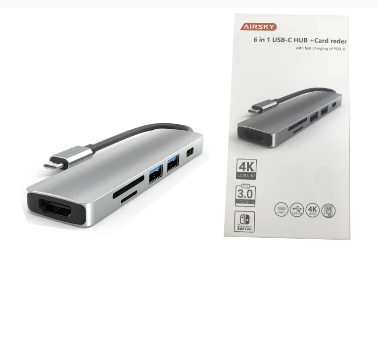 

6 in 1 high speed usb-c 6 port usb hub PD charging usb 3.0 hub for matebook, Grey