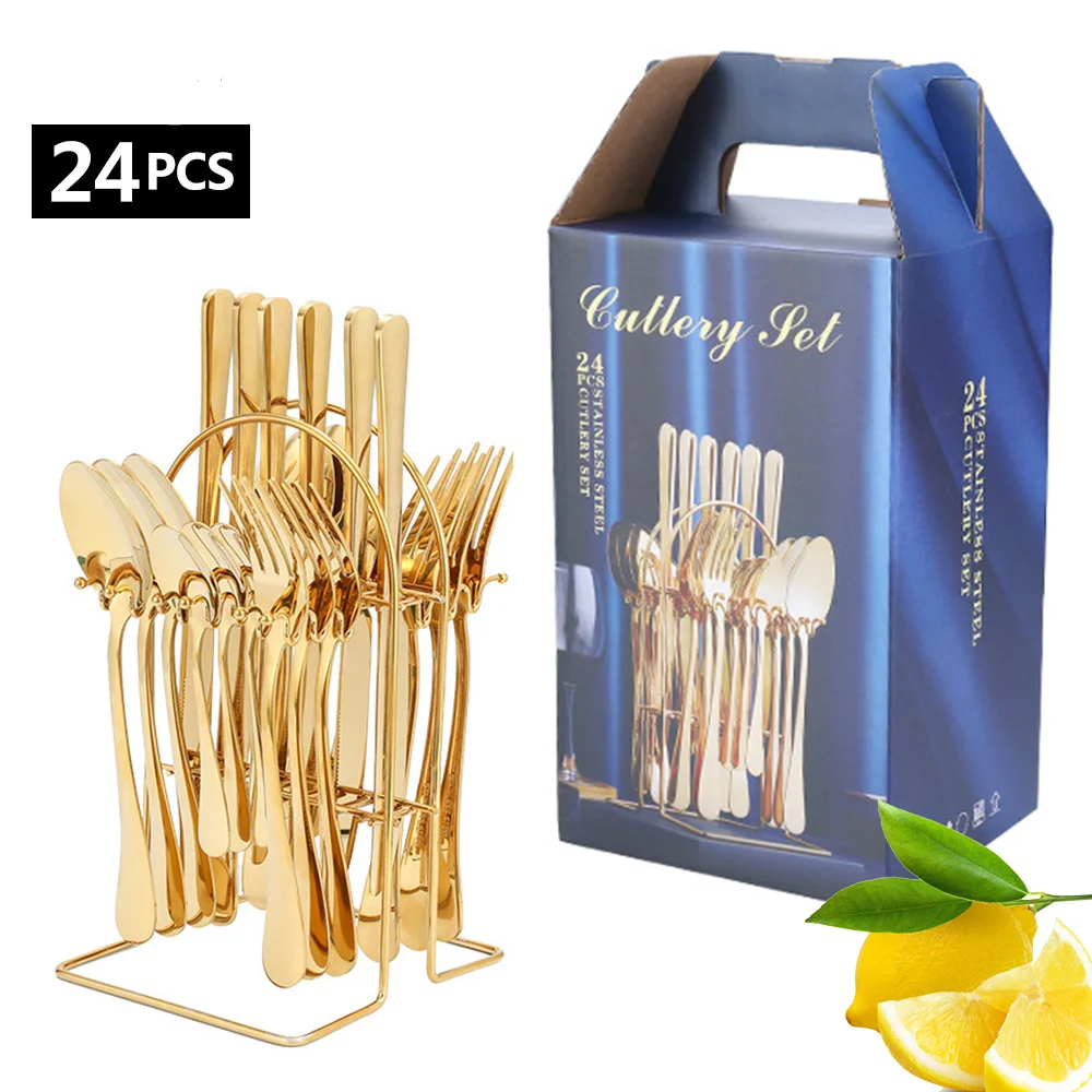

24-PCS Knife Fork Spoon Set Stainless Steel Cutlery Set Wedding Gold Silverware Gold Flatware Stainless Steel with Stand Besteck