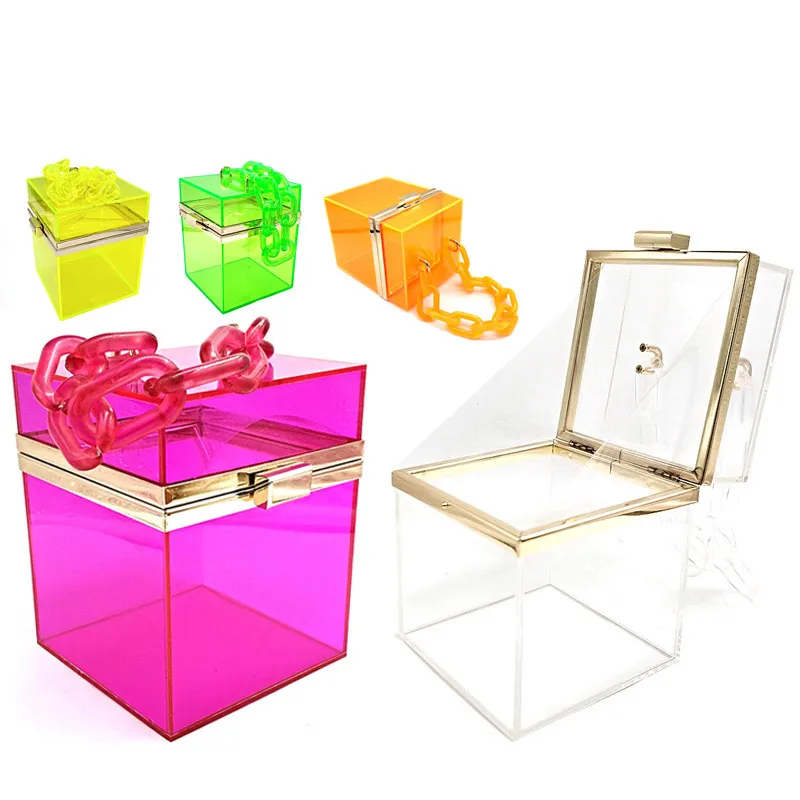 

Wholesale not including shipping Women evening party square purses totes solid hard gift box bridal wedding transparent bag