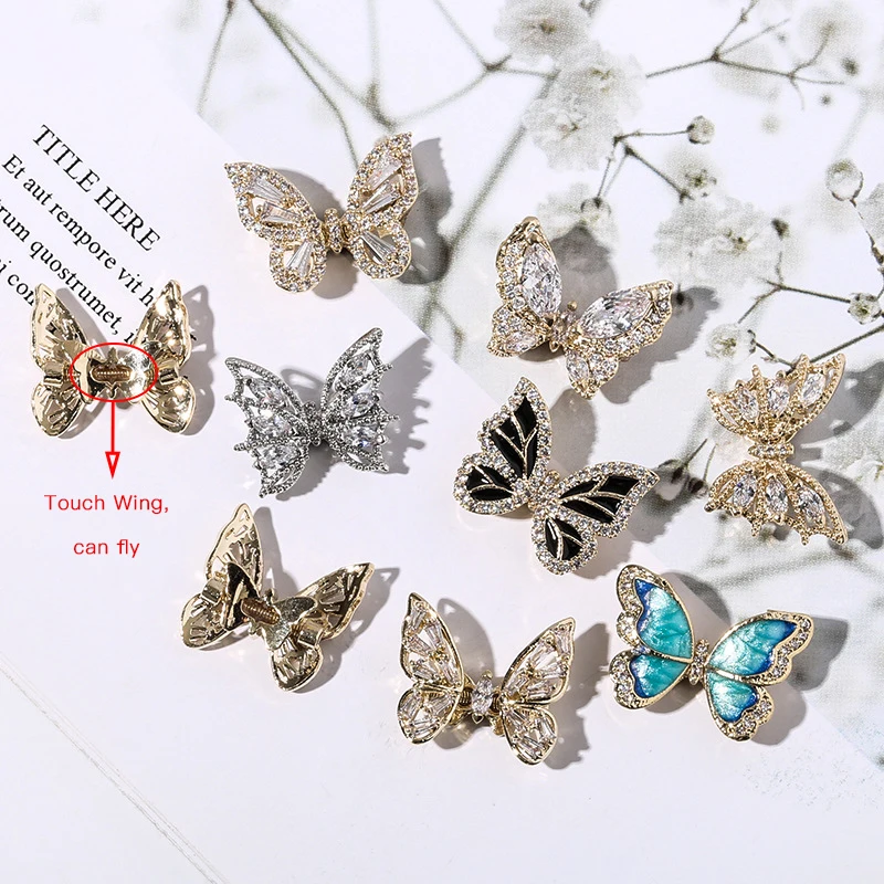 

Hot Selling Luxury Super Shiny Alloy Zircon Flying Butterfly Nail Art Charms Accessories