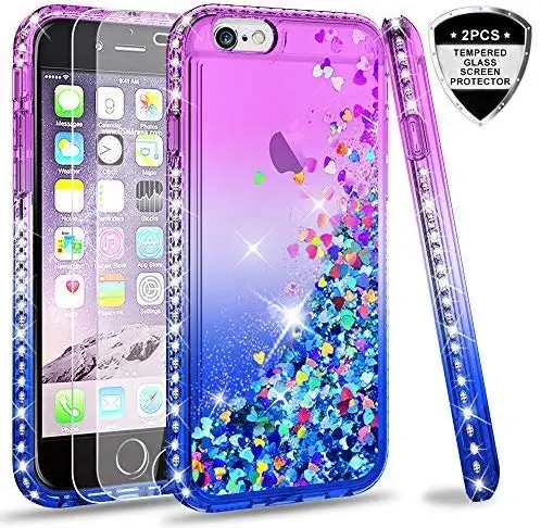 

LeYi For iPhone 6 iPhone 6S with Tempered Glass Screen Protector [2 pack], Girls 3D Glitter Liquid Shockproof Cute Clear Case