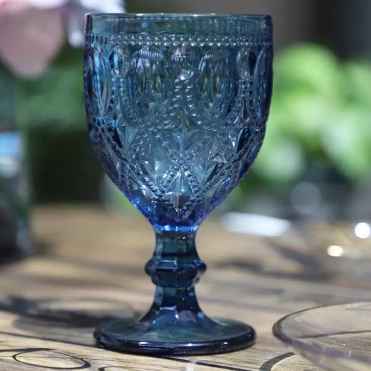 

Factory cheap water glass juice cup european vintage glass color blue embossed wine goblet, Green/grey/blue