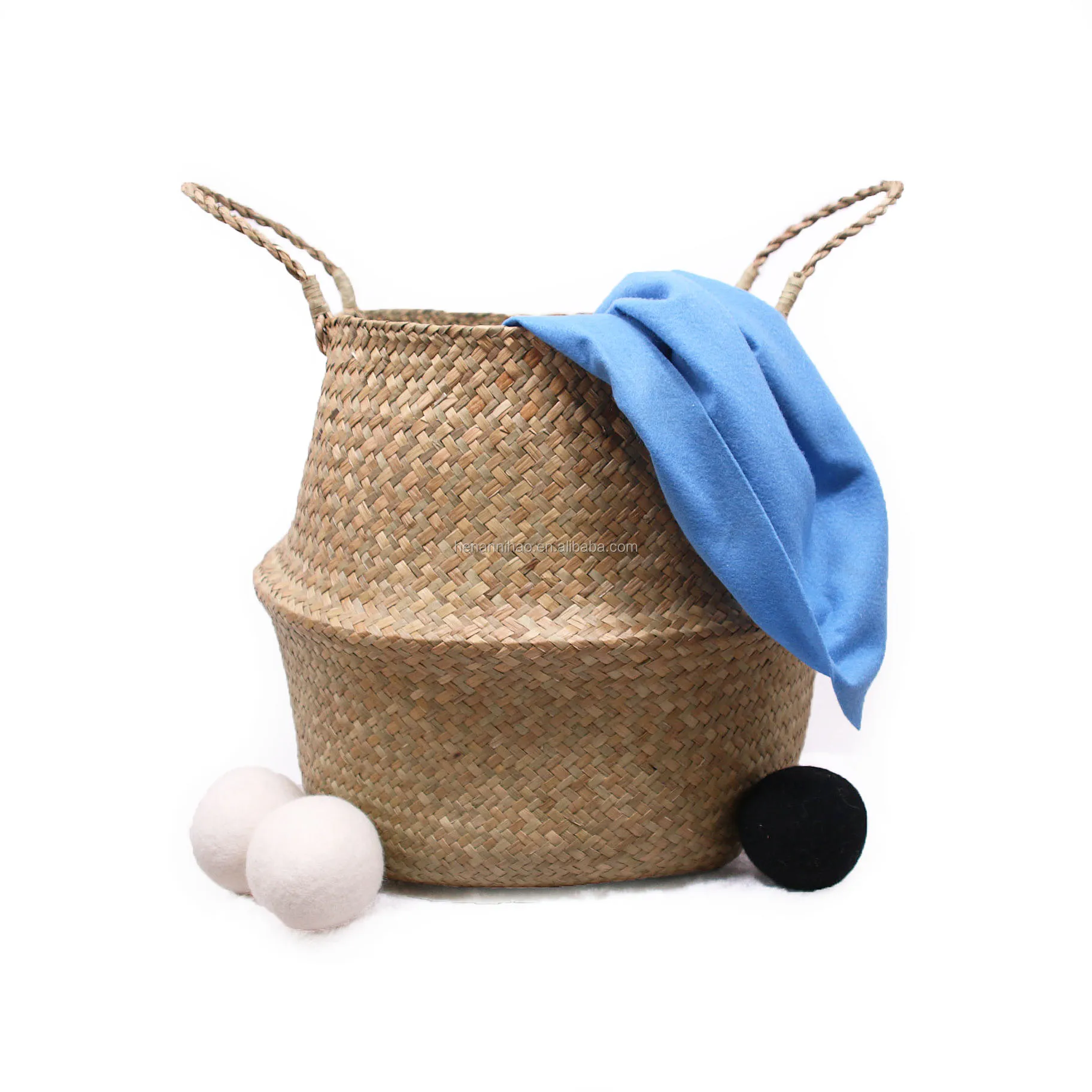 

Woven Seagrass Belly Basket Foldable Storage Basket with Handles for Laundry, Picnic, Pot Cover, Natural, Eco-Frienly