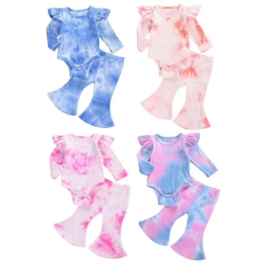 

Newborn Colorful Spring Autumn Clothing Infant Baby Girls Boys Tie Dye Ribbed Clothes Set Long Sleeve Ruffled Bodysuits Pants