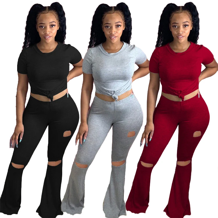 
Polyester Women Casual T Shirt Sexy High Waist Skinny Flared Pants Ripped Trousers Two Piece Set 