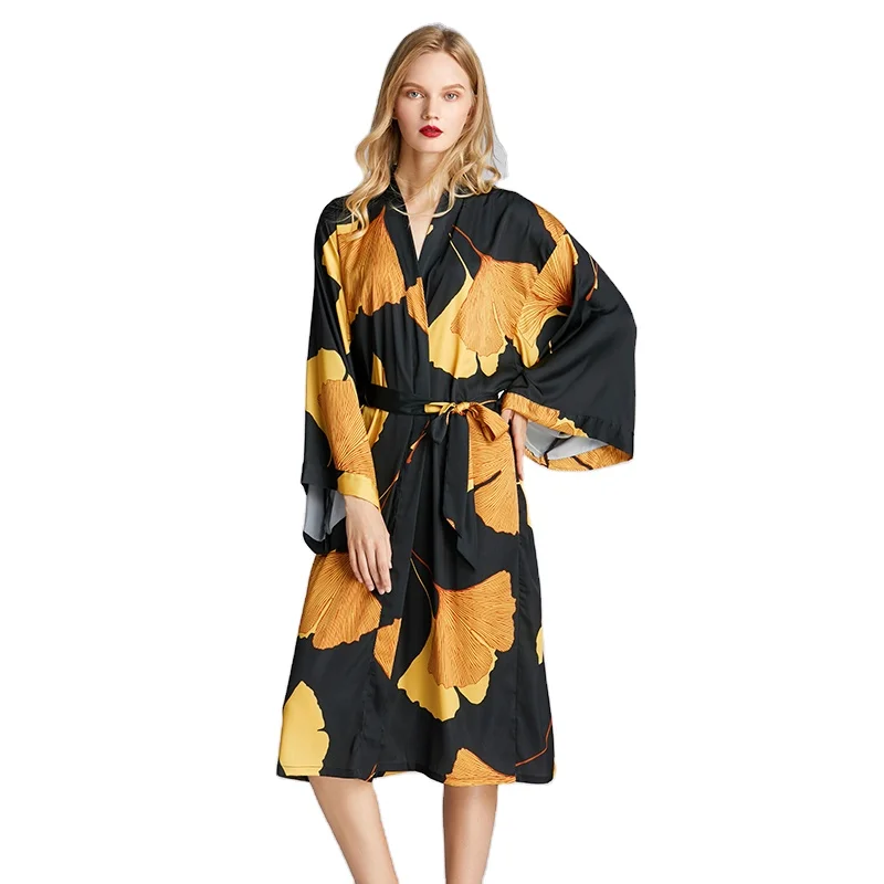 

Wholesale Bridesmaid Casual Long Sleeve Women Kimono Satin Silk Robes Apricot Leaf Printed Pajamas Nightgown, Red navy