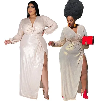 

F11166A European style irregular plus-size fashion dress V-neck long sleeves high waist dress for women, Gold / silver
