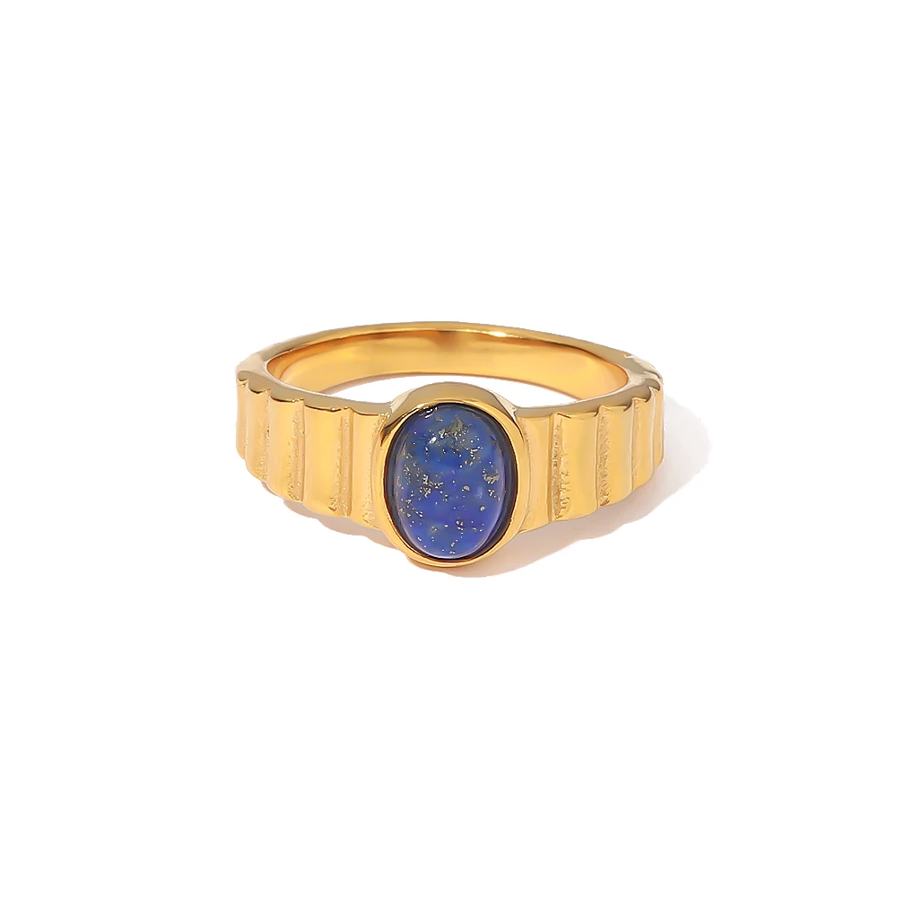 

Ins Popular Rib Texture Ovak Lapis Klein Blue Natural Stone 18K PVD Gold Plated Stainless Steel Stacking Ring