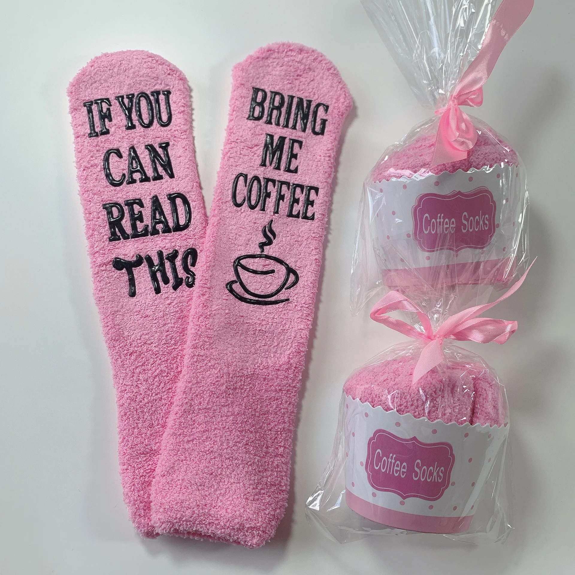 

XIANGHUI If You Can Read This Bring Me Some Wine Socks Pink Coral Velvet Cupcake Socks Fuzzy Socks for Women as Gift
