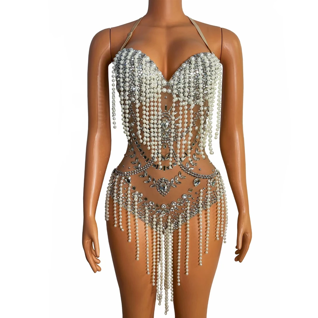 

Design See Through Crystal Pearls Tassel Bodysuits Sexy Halter Backless Pole Dance Leotard Performance Wear Women Club Jumpsuit, Nude