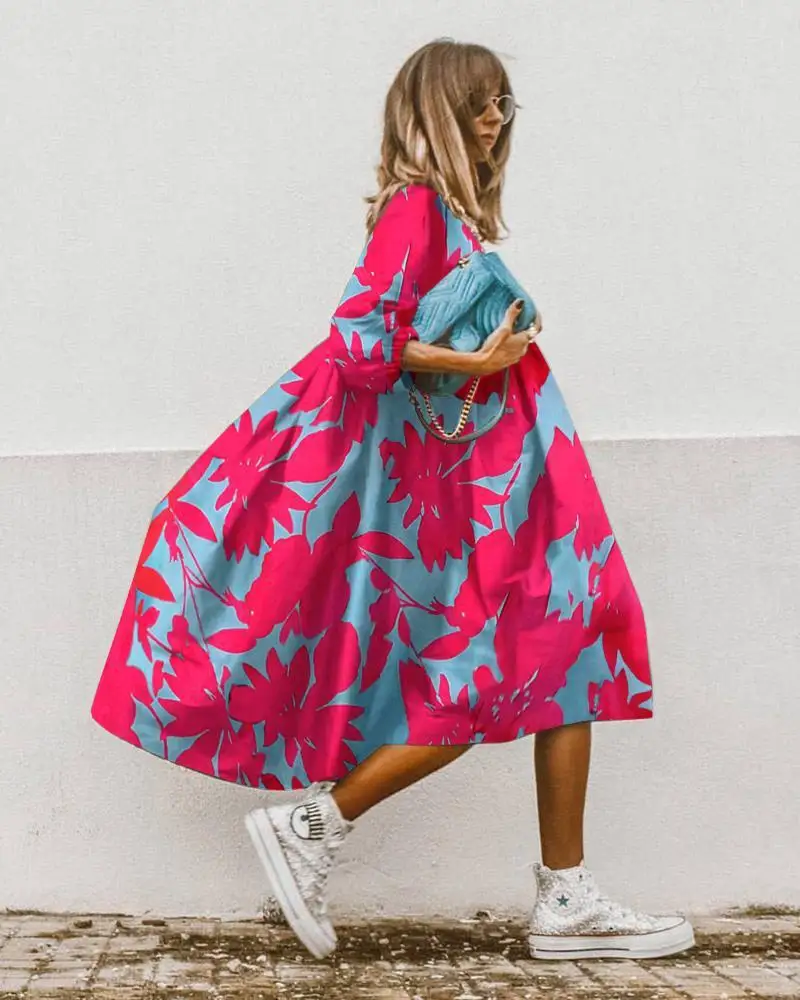 

2022 Cheap Early Autumn Elegant Sexy Red Maple Leaf Women Dress Print Fashion Plus Size Women Casual Dress, Red,black,pink
