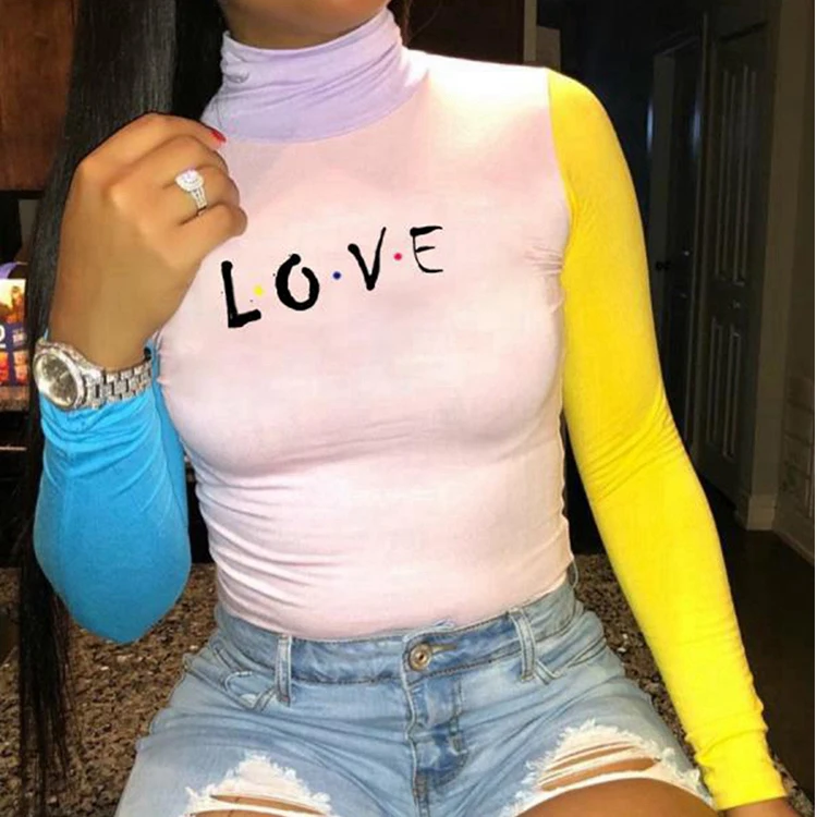 

2020 autumn new best-selling patchwork letter love round neck women top half high neck sports blouse for ladies