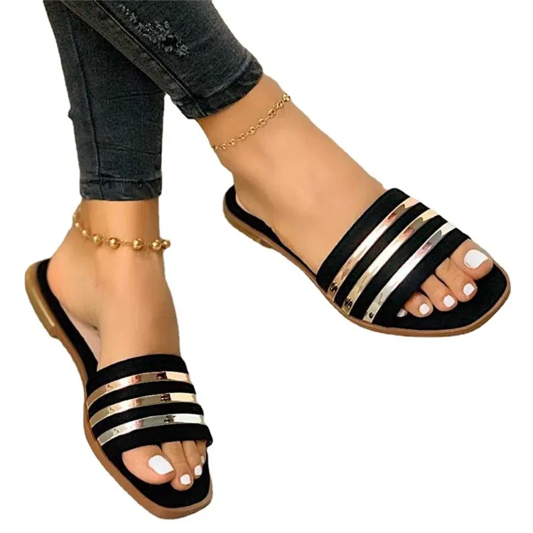 

New arrival female ladies women casual one strap flat slippers and sandals shoes pu leather comfort for women summer
