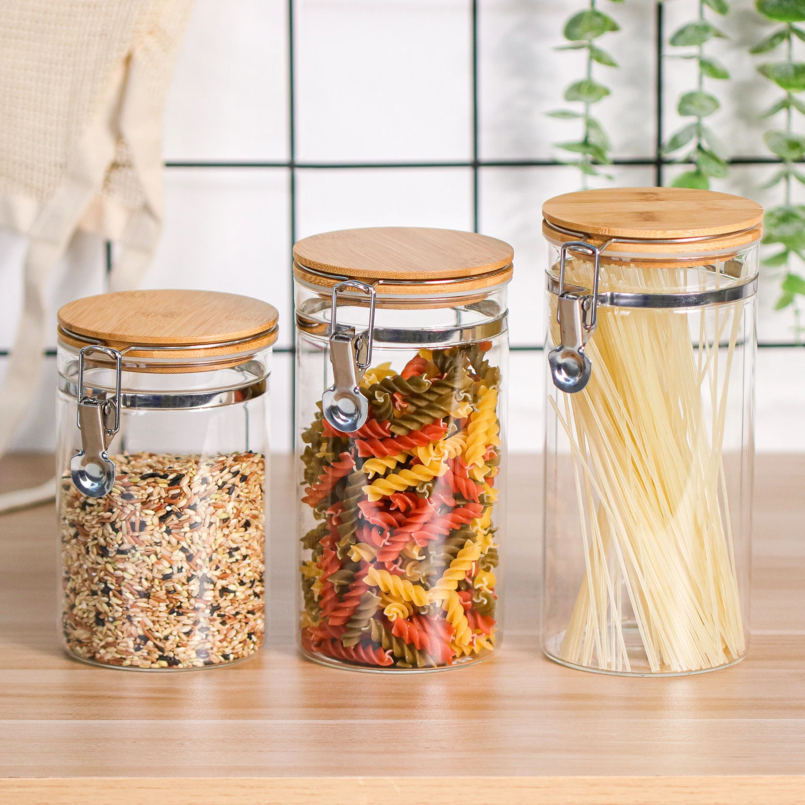 

Kitchen Airtight Food Borosilicate Glass Jar Storage Set With Bamboo Clip Lid