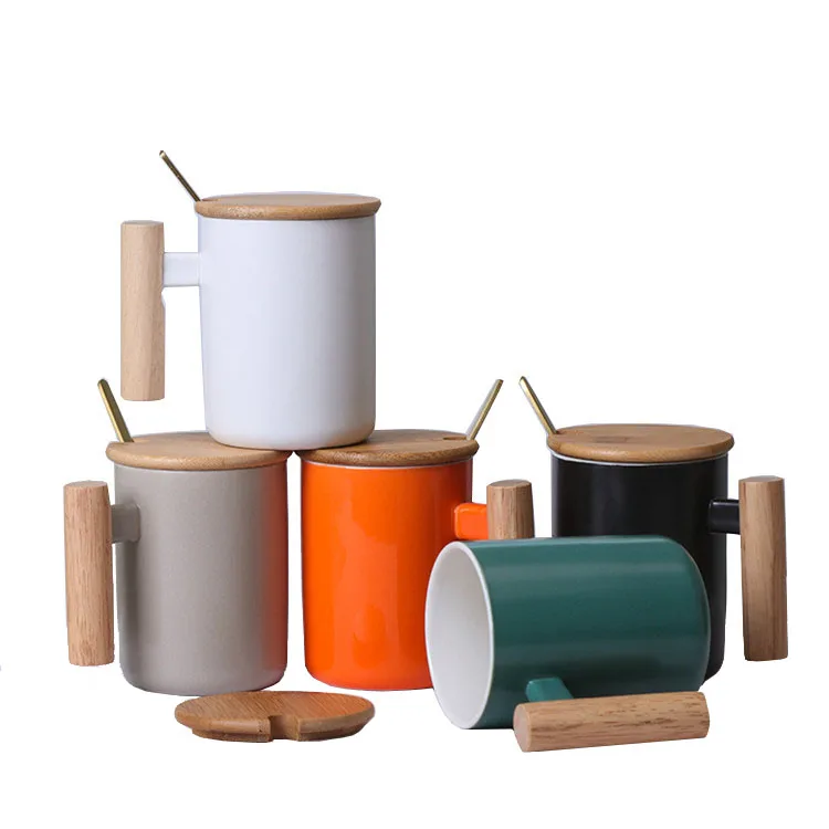 

New sale gift porcelain coffee mug set custom logo 301-400ml ceramic tumbler cups ceramic coffee mugs with wooden handle, Same as picture or customized