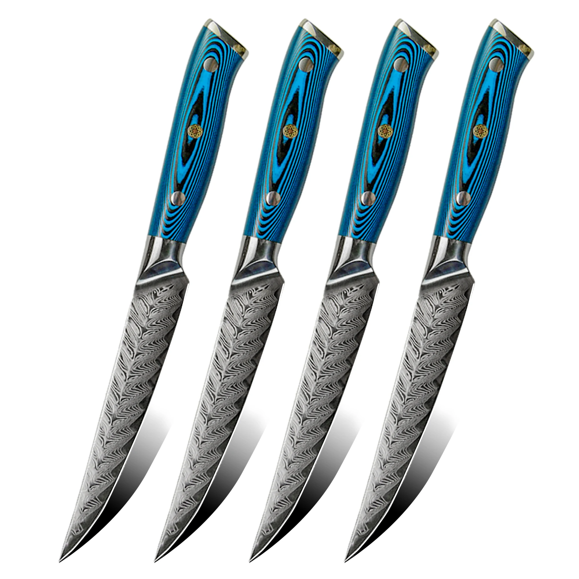 

New arrival Blue handle Amber Ladder Pattern Damascus Steel Steak Knives Set