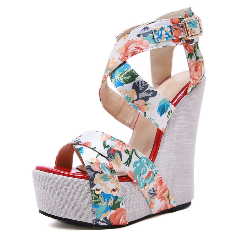 

NEW Sexy Floral Shoes For Women 2021 Fashion Platform Sewing Wedges High Heels Patchwork Retro Sandals Summer Femmes Chaussures, Brown