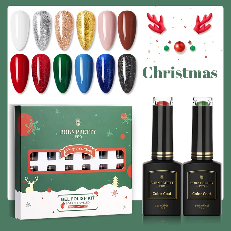 

BORN PRETTY PRO Christmas Nail Art 15ml 12 Bottles/kit Christmas Theme Gel Nail Polish Kit, 12 colors/set