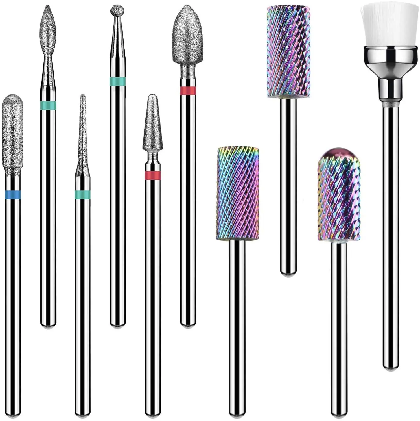 

2021 Amazon Hot sell 10Pcs Rainbow Diamond Nail Drill Bit Set 3/32" Milling Cutter for Manicure Rotary Burr Cuticle Bits Drill