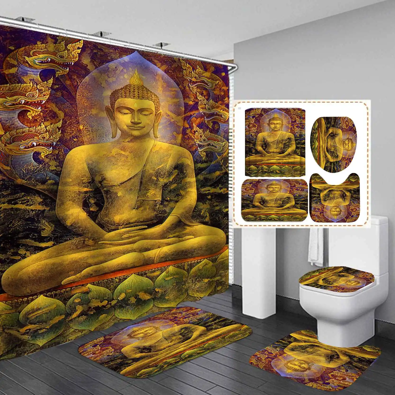 

New waterproof custom design polyester Buddha culture decoration shower curtain set